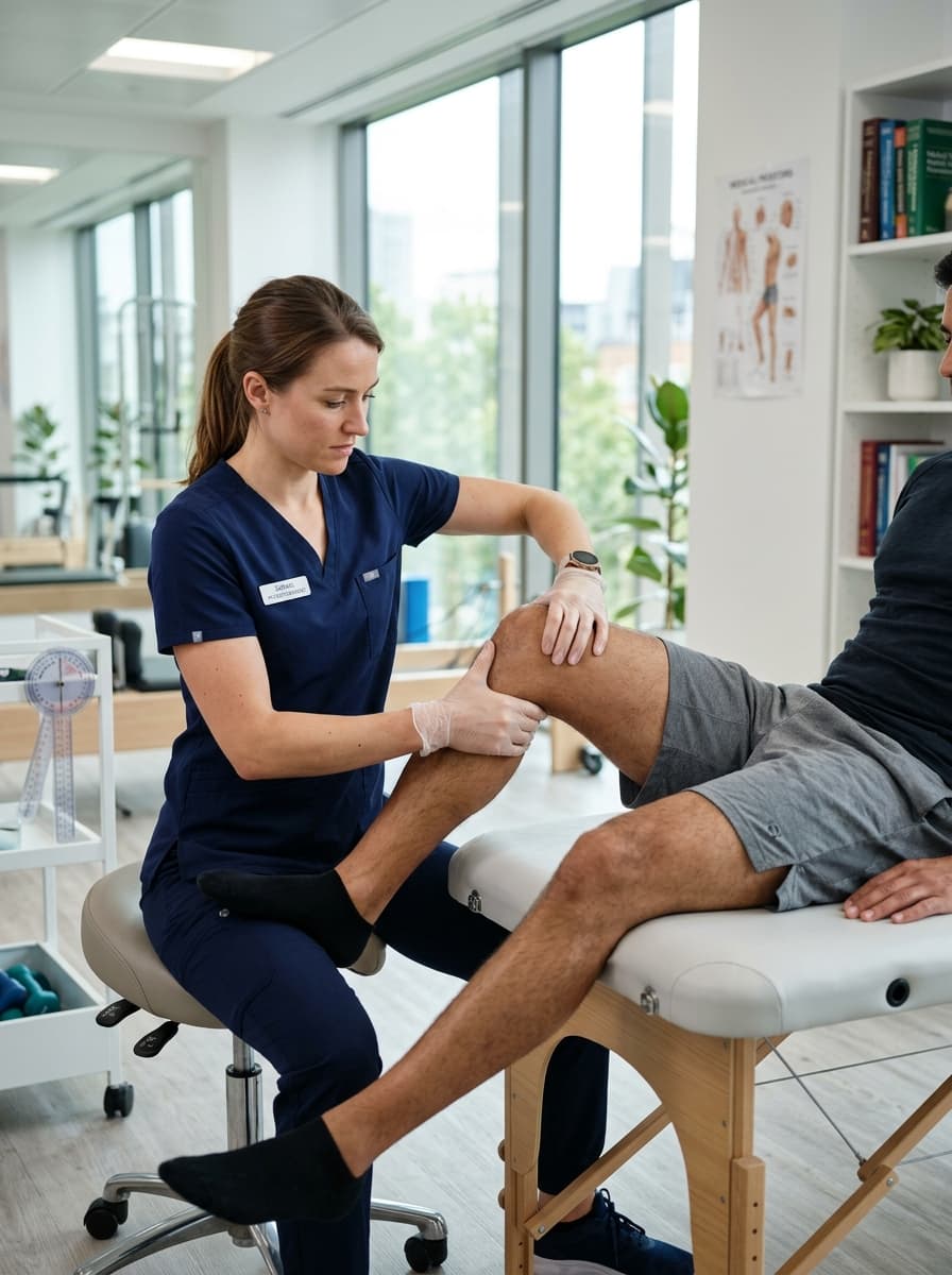 Physiotherapist performing physical examination on patient knee at PhysioZen